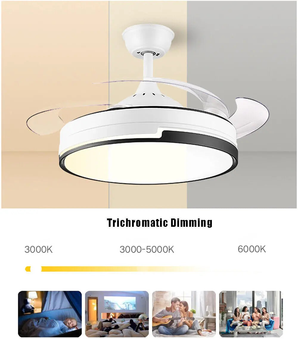 42'' Ceiling Fan 72W LED Light Retractable Blade and Remote Control 3 Colors jorunhe.com