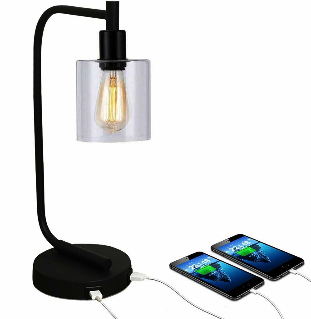 Industrial USB Table Lamp Fabric Bedside Table Lamp With Dual USB Charging Ports jorunhe.com