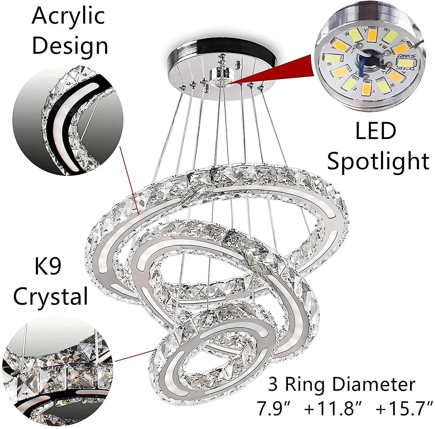 Modern Round 3 Ring Crystal 52W LED Pendant Lamp Chandelier Ceiling light Decor jorunhe.com