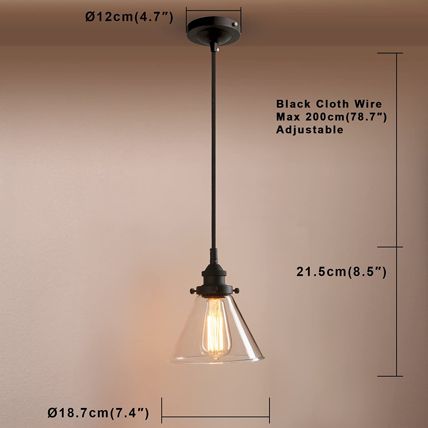 Pathson Retro Pendant Lighting with Clear Glass Shade and Metal Base Cap, Kitchen Light fixtures with Funnel Flared Style and Adjustable Textile Cord, Indoor Lamp for Bedroom Bathroom jorunhe.com