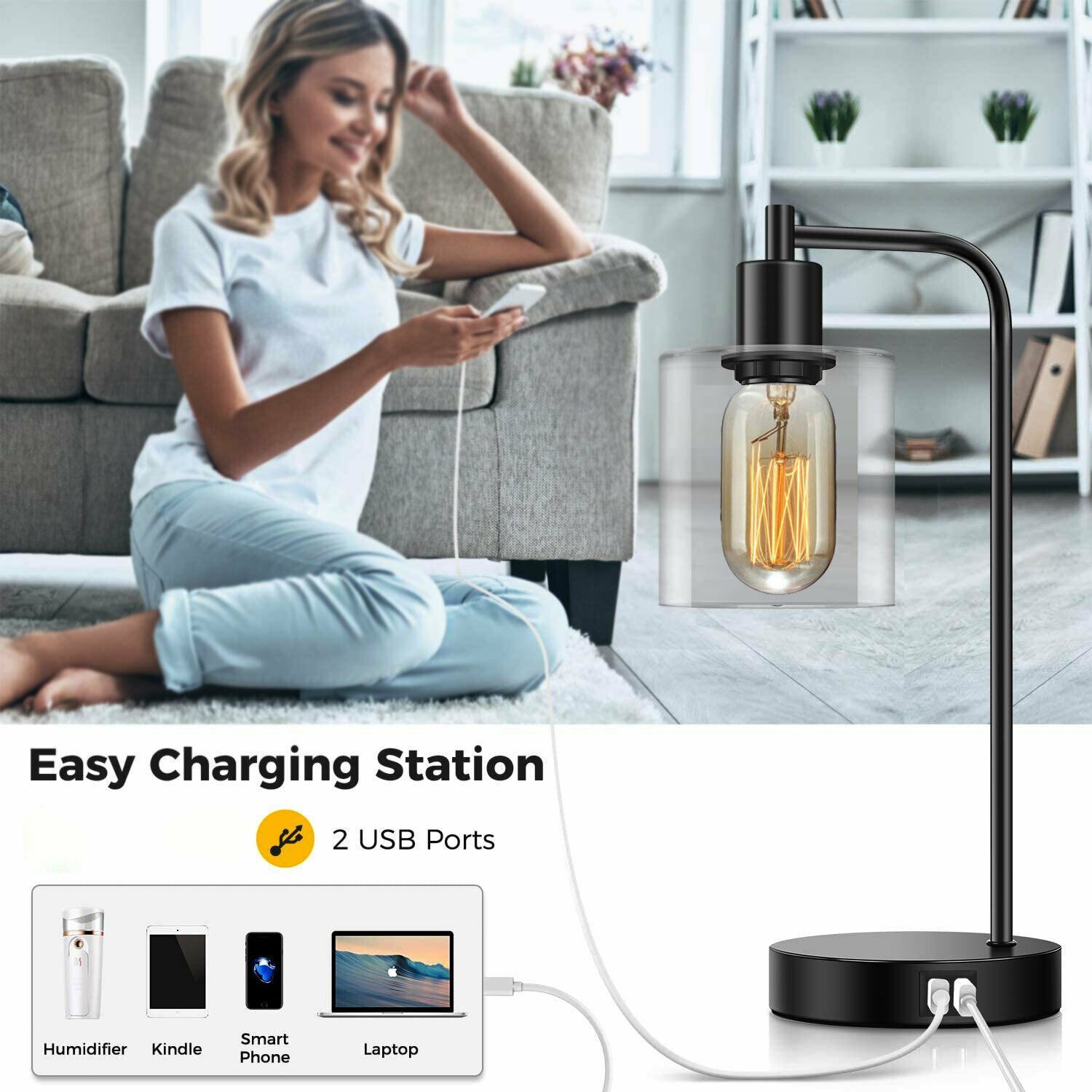 Touch Control Dimmable Glass Table Lamp with 2 USB Charging Ports Desk Lamp jorunhe.com
